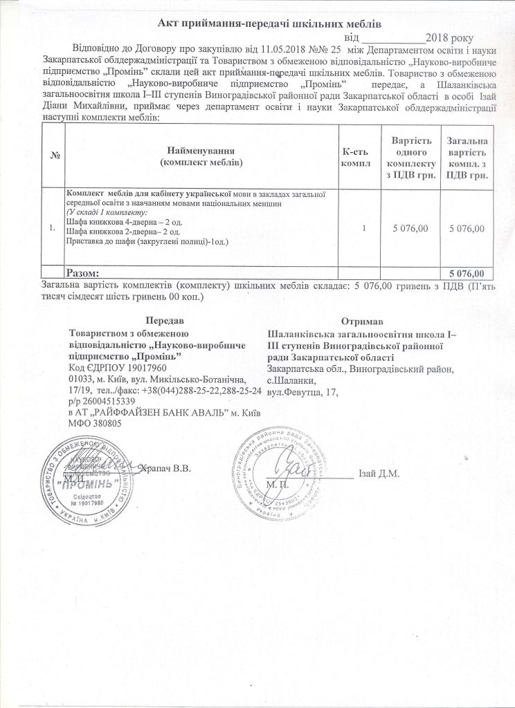 Акт Приймання-Передачі Матеріальних Цінностей – Шаланківська ЗОШ І.